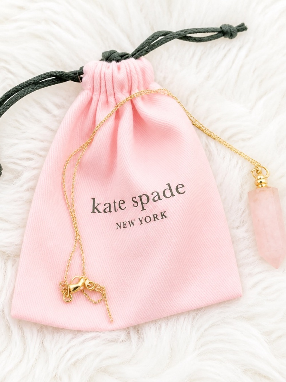 Gold Plated Pink Quartz Crystal Perfume Necklace with Pink Jewelry Pouch - Picture 1 of 7